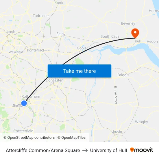 Attercliffe Common/Arena Square to University of Hull map