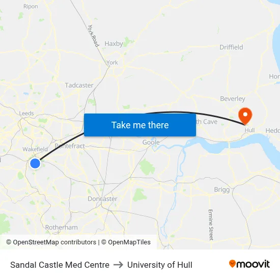 Sandal Castle Med Centre to University of Hull map