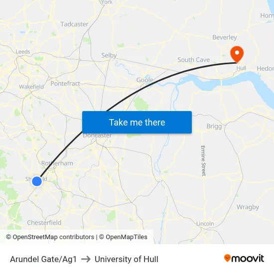 Arundel Gate/Ag1 to University of Hull map