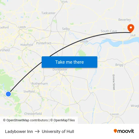 Ladybower Inn to University of Hull map
