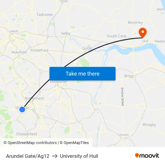 Arundel Gate/Ag12 to University of Hull map