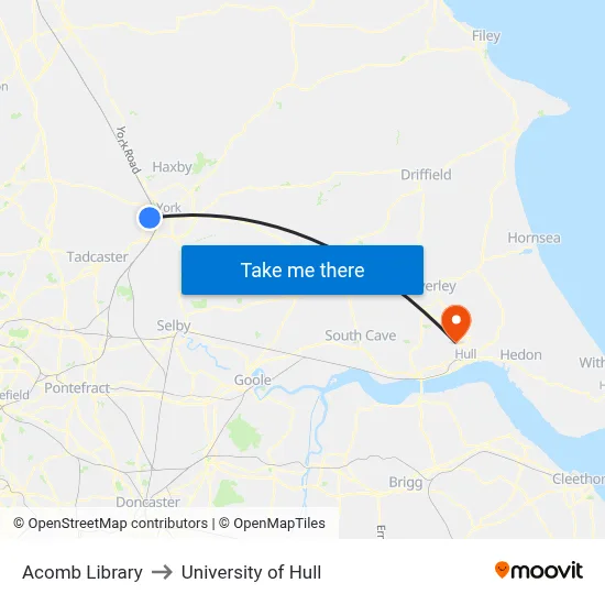Acomb Library to University of Hull map