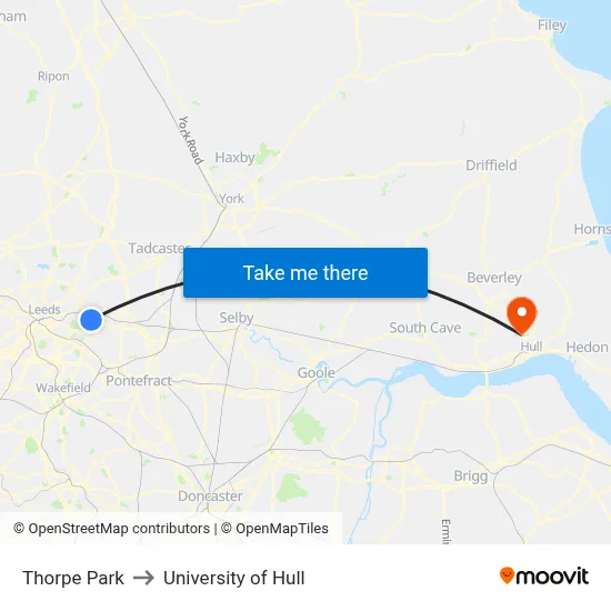 Thorpe Park to University of Hull map