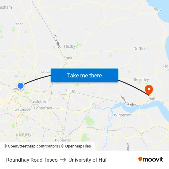 Roundhay Road Tesco to University of Hull map