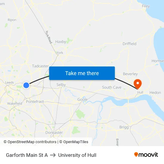 Garforth Main St A to University of Hull map
