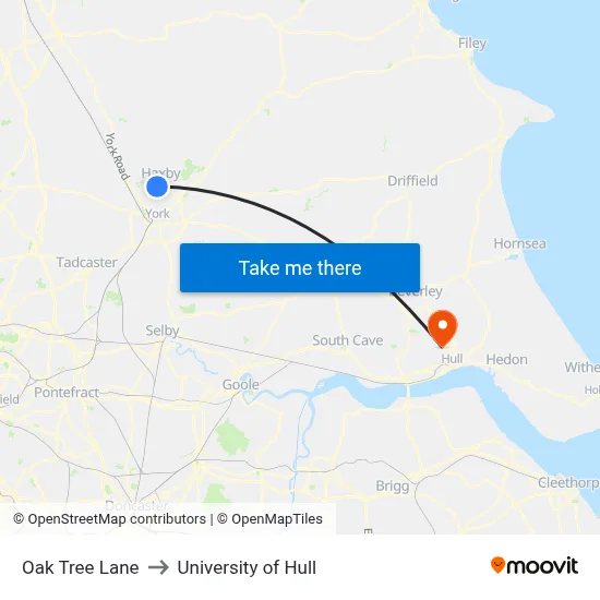 Oak Tree Lane to University of Hull map