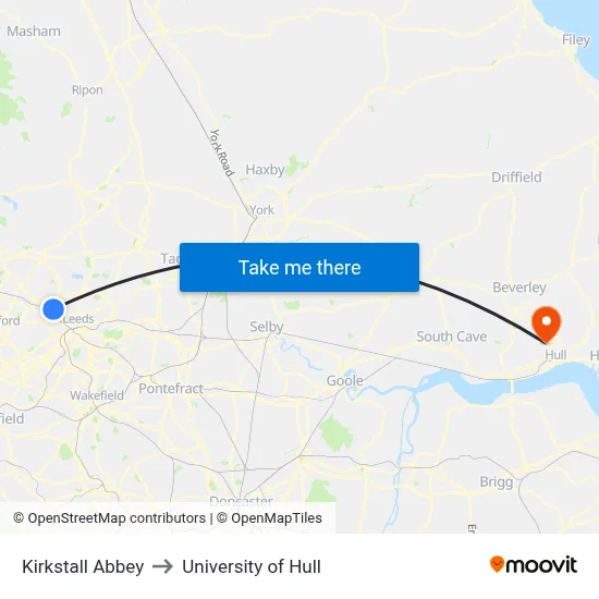 Kirkstall Abbey to University of Hull map