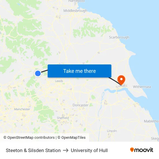 Steeton & Silsden Station to University of Hull map