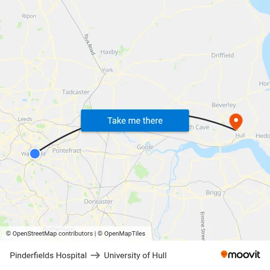 Pinderfields Hospital to University of Hull map