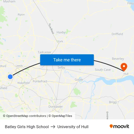 Batley Girls High School to University of Hull map