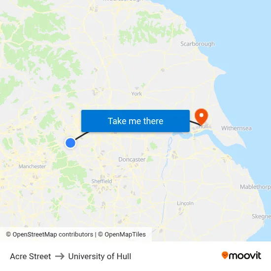 Acre Street to University of Hull map