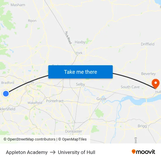 Appleton Academy to University of Hull map