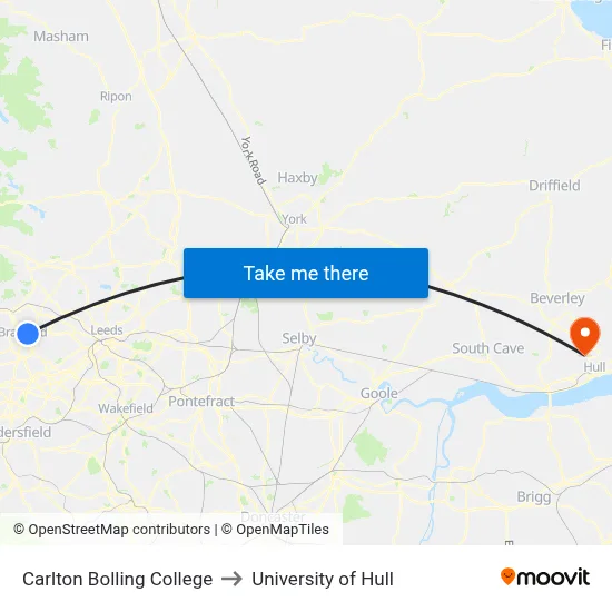 Carlton Bolling College to University of Hull map