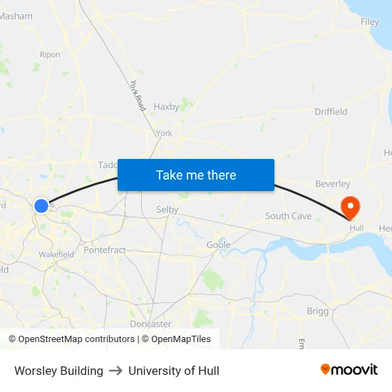 Worsley Building to University of Hull map