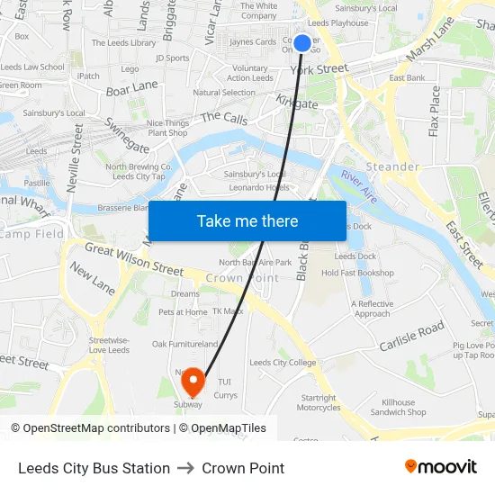Leeds City Bus Station to Crown Point map