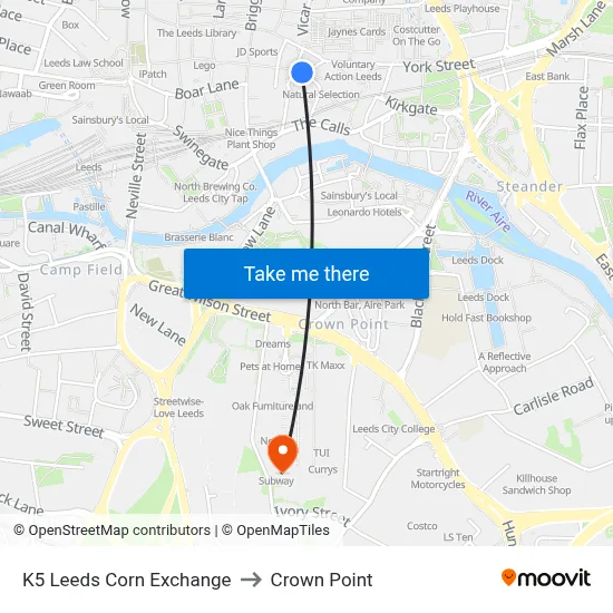 K5 Leeds Corn Exchange to Crown Point map