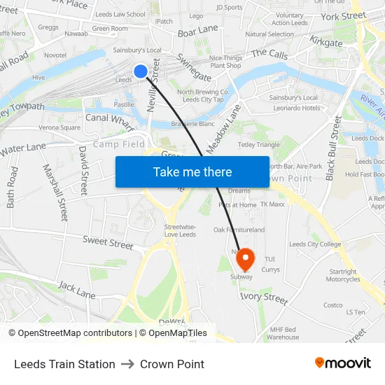 Leeds Train Station to Crown Point map