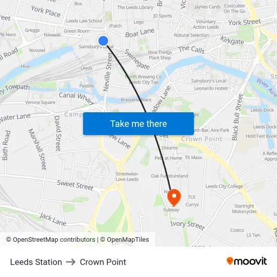 Leeds Station to Crown Point map