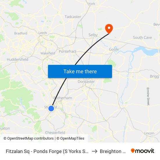 Fitzalan Sq - Ponds Forge (S Yorks Supertram), Sheffield Centre to Breighton Aerodrome map