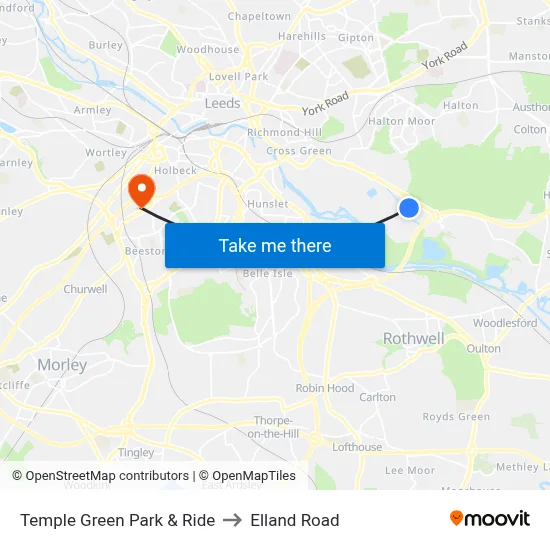 Temple Green Park & Ride to Elland Road map