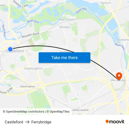 Castleford to Ferrybridge map