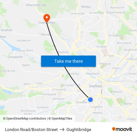 London Road/Boston Street to Oughtibridge map