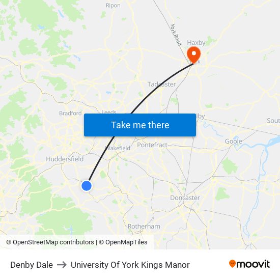 Denby Dale to University Of York Kings Manor map