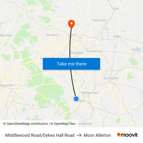 Middlewood Road/Dykes Hall Road to Moor Allerton map