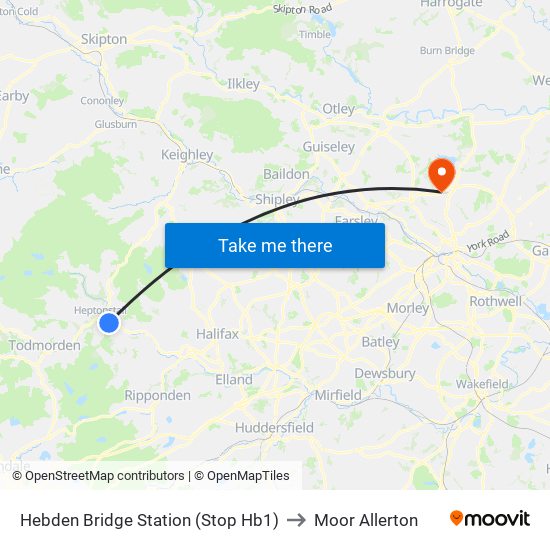 Hebden Bridge Station (Stop Hb1) to Moor Allerton map