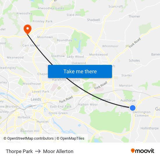 Thorpe Park to Moor Allerton map