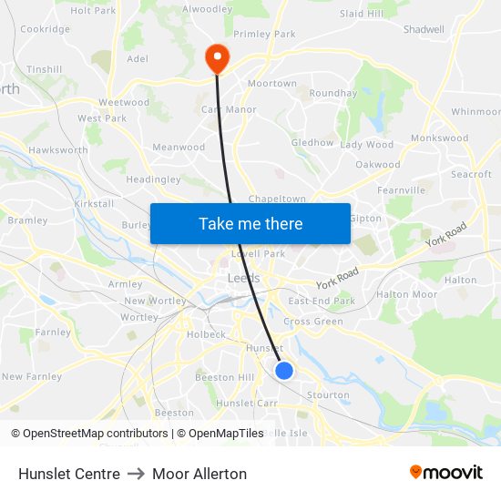 Hunslet Centre to Moor Allerton map