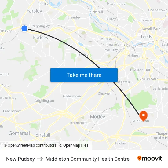 New Pudsey to Middleton Community Health Centre map