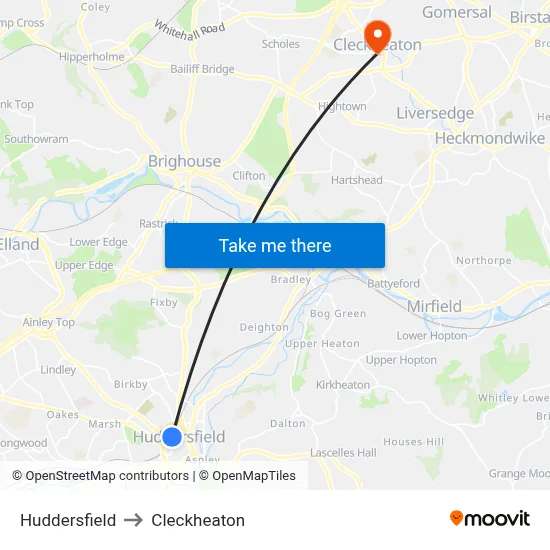 Huddersfield to Cleckheaton map