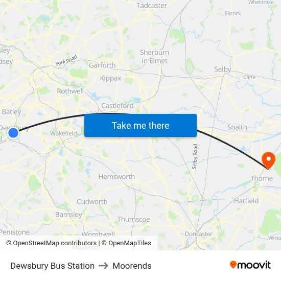 Dewsbury Bus Station to Moorends map