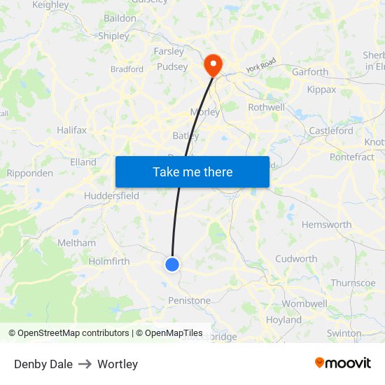 Denby Dale to Wortley map