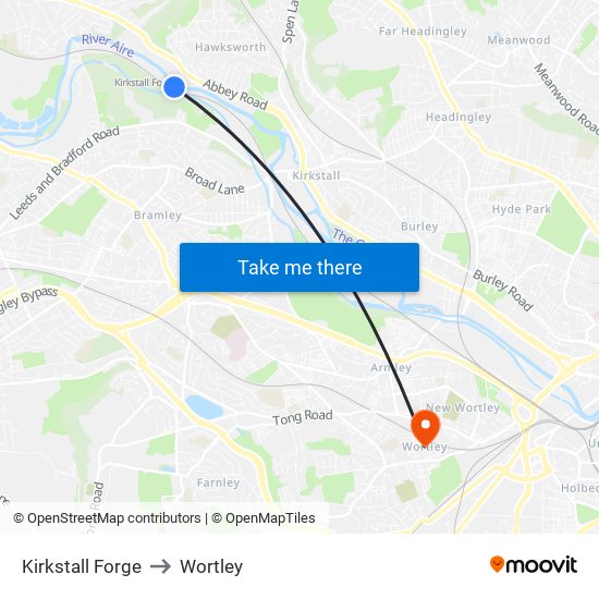 Kirkstall Forge to Wortley map