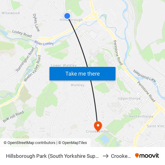 Hillsborough Park (South Yorkshire Supertram), Hillsborough to Crookesmoor map