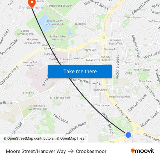 Moore Street/Hanover Way to Crookesmoor map
