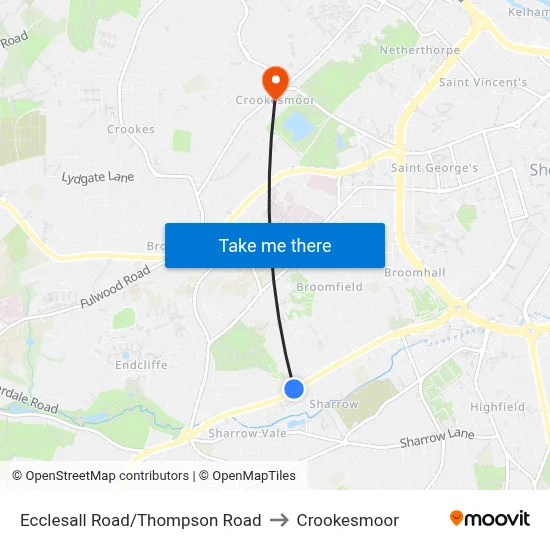 Ecclesall Road/Thompson Road to Crookesmoor map