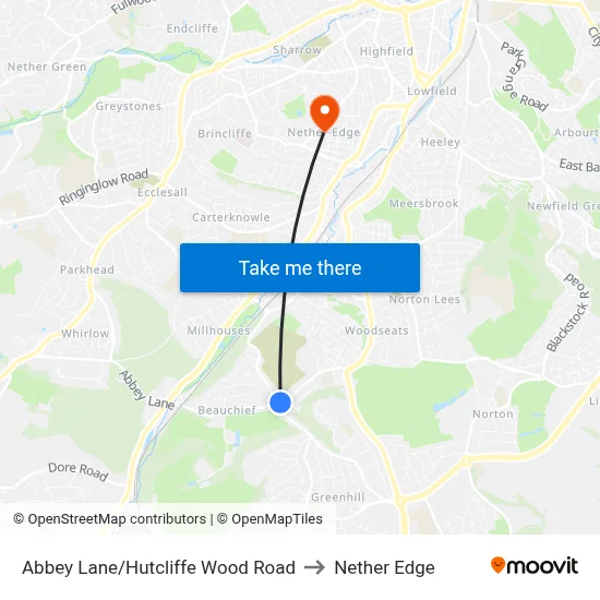 Abbey Lane/Hutcliffe Wood Road to Nether Edge map