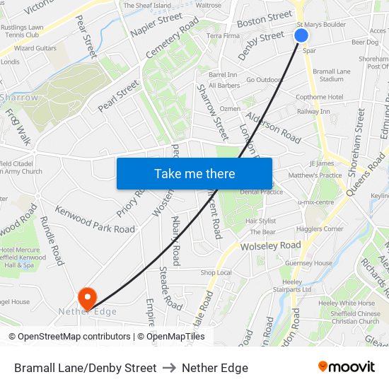 Bramall Lane/Denby Street to Nether Edge map