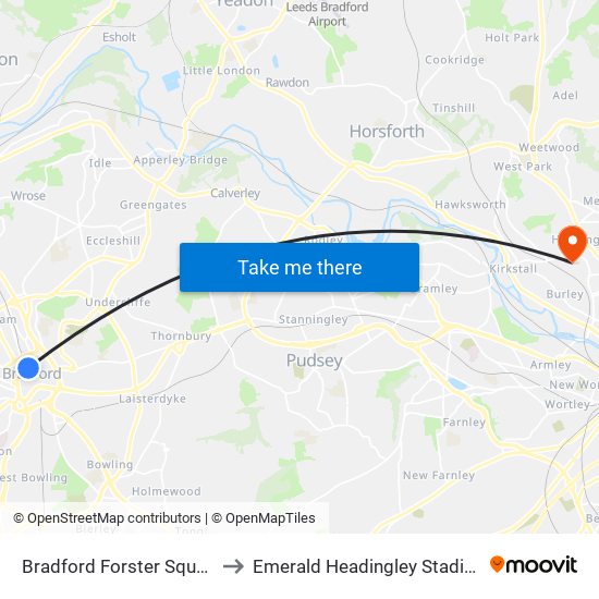 Bradford Forster Square to Emerald Headingley Stadium map