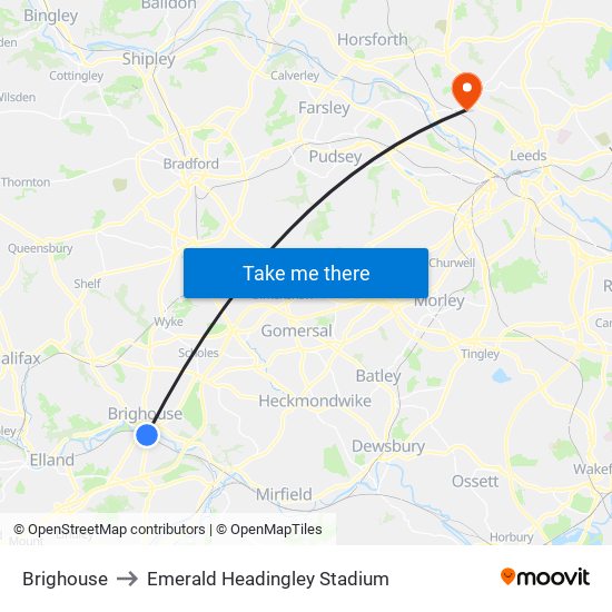 Brighouse to Emerald Headingley Stadium map