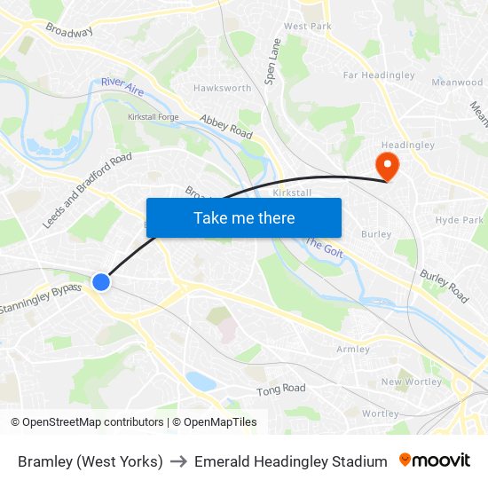 Bramley (West Yorks) to Emerald Headingley Stadium map