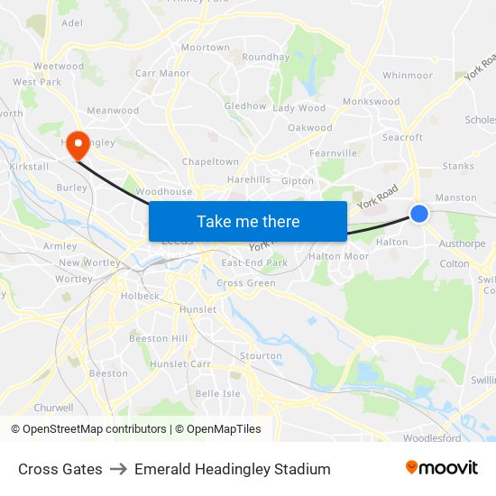 Cross Gates to Emerald Headingley Stadium map