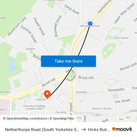Netherthorpe Road (South Yorkshire Supertram) to Hicks Building map