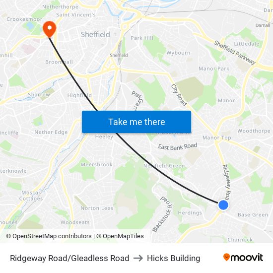 Ridgeway Road/Gleadless Road to Hicks Building map