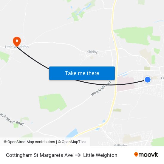 Cottingham St Margarets Ave to Little Weighton map