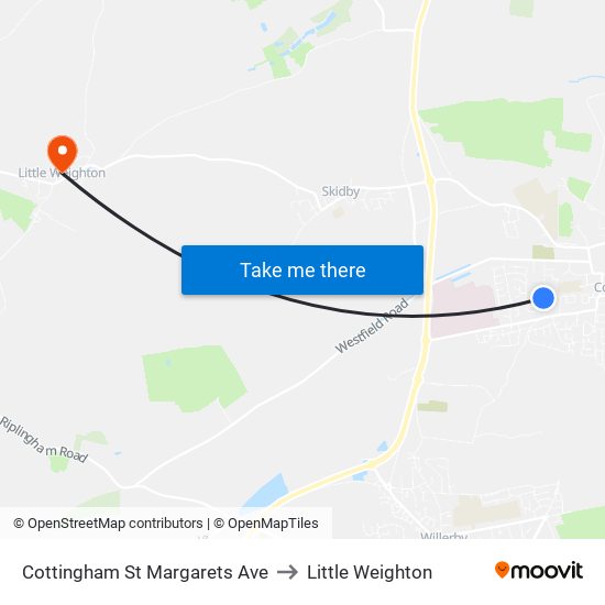 Cottingham St Margarets Ave to Little Weighton map