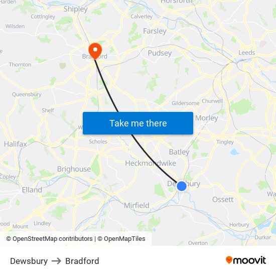 Dewsbury to Bradford map